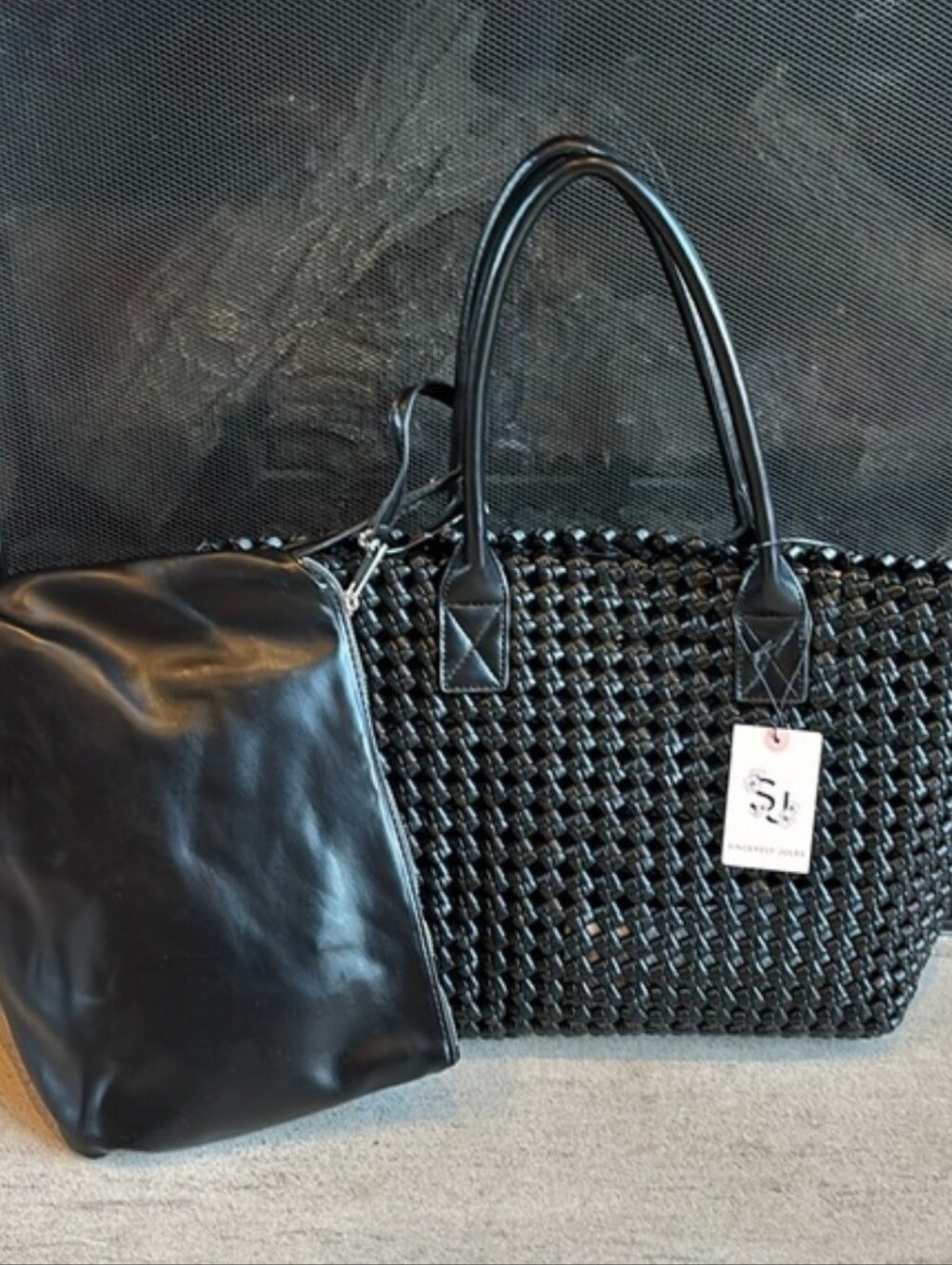 NWT Sincerely Jules Tote Shopper w/Zipper Clutch Black Woven Vegan Leather
